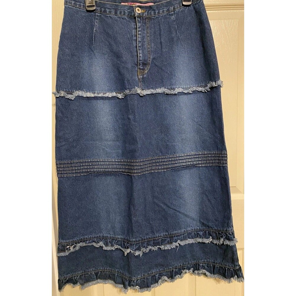 VTG Me And You Maxi Skirt Blue Denim Tiered Cottagecore 90s Y2K Boho Cotton L